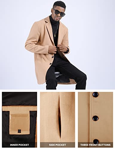 UANEO Mens Wool Blend Trench Coat Notch Lapel Camel Pea Coats Winter Overcoat (Khaki-XXL)