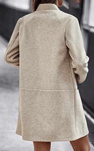 Angashion Women’s Coat, Long Sleeve Stand Collar Cardigan Mid-Long Open Front Outwear Overcoat with Zipper Pockets Beige X-Large