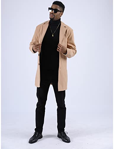 UANEO Mens Wool Blend Trench Coat Notch Lapel Camel Pea Coats Winter Overcoat (Khaki-XXL)