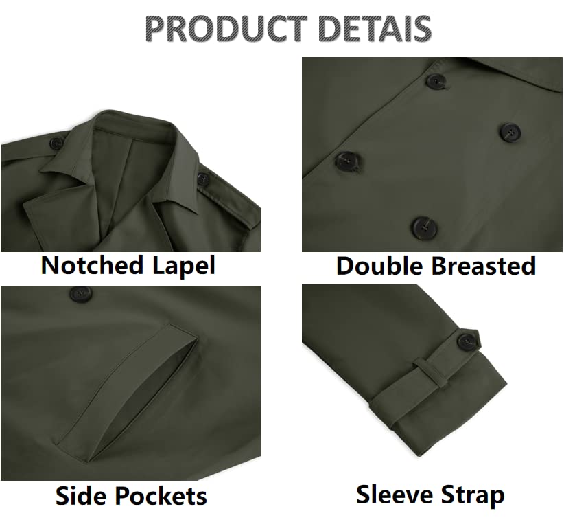 Gafeng Mens Trench Coat Double Breasted Notched Lapel Casual Slim Fit Long Jacket Windbreaker Overcoat Army Green