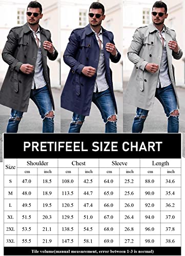 Pretifeel Mens Trench Coat Slim Fit Double Breasted Long Jacket Notched Lapel Belt Fall Windproof Coat X-Large