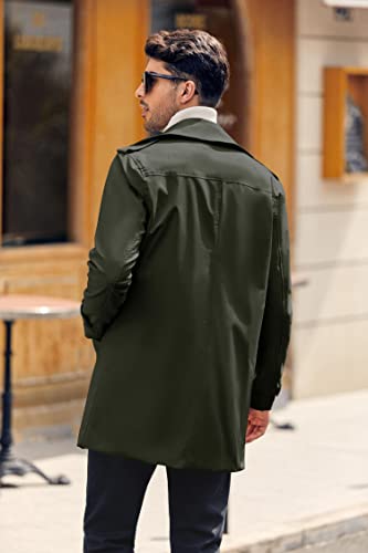 Gafeng Mens Trench Coat Double Breasted Notched Lapel Casual Slim Fit Long Jacket Windbreaker Overcoat Army Green