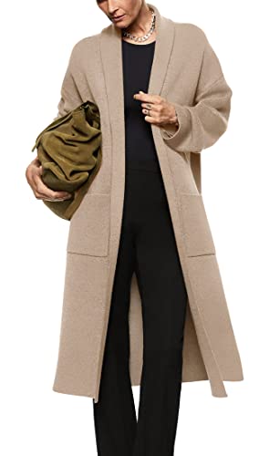 Womens Long Sleeve Maxi Cardigan Open Front Oversized Knitted Sweater Coat Casual Lapel Warm Overcoat with Pockets Beige