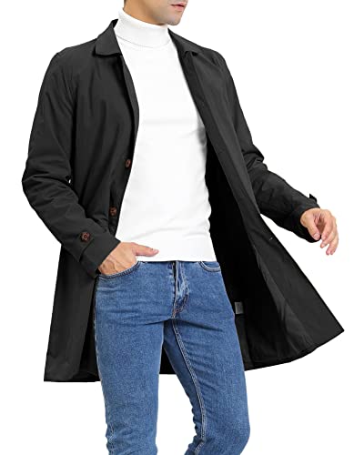 Mens Trench Coat Slim Fit Single Breasted Casual Long Jacket Lightweight Lapel Fall Windbreaker Overcoat