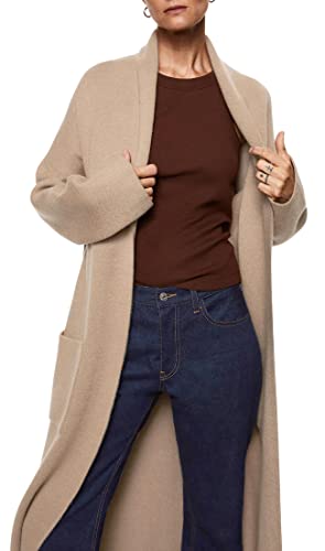 Womens Long Sleeve Maxi Cardigan Open Front Oversized Knitted Sweater Coat Casual Lapel Warm Overcoat with Pockets Beige