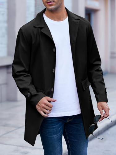 Mens Trench Coat Slim Fit Single Breasted Casual Long Jacket Lightweight Lapel Fall Windbreaker Overcoat