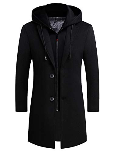 iCKER Mens Trench Coat Winter Wool Blend Jacket Overcoat Long Top Coat Warm Pea Coat-1908-Black 1-L