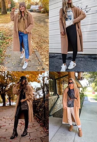 Womens Long Sleeve Maxi Cardigan Open Front Oversized Knitted Sweater Coat Casual Lapel Warm Overcoat with Pockets Beige