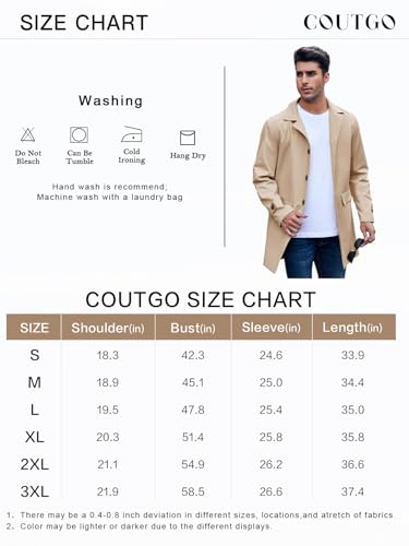 Mens Trench Coat Slim Fit Single Breasted Casual Long Jacket Lightweight Lapel Fall Windbreaker Overcoat