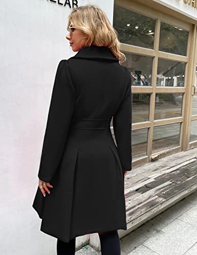 GRACE KARIN Women's Black Double Breasted Overcoat Pleated A-Line Blends Trench Coat M