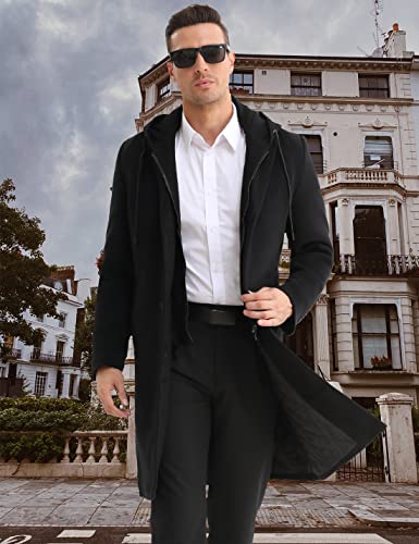 iCKER Mens Trench Coat Winter Wool Blend Jacket Overcoat Long Top Coat Warm Pea Coat-1908-Black 1-L