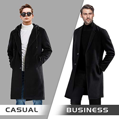 iCKER Mens Trench Coat Winter Wool Blend Jacket Overcoat Long Top Coat Warm Pea Coat-1908-Black 1-L