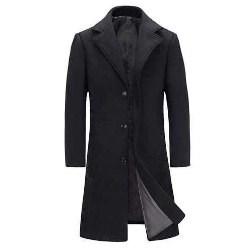 INVACHI Mens Long Trench Coat Single Breasted Wool Blend Pea Coat Warm Winter Overcoat with Pockets