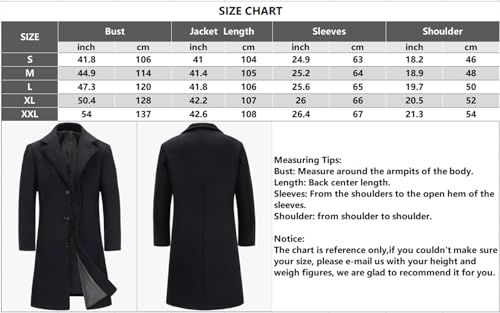 INVACHI Mens Long Trench Coat Single Breasted Wool Blend Pea Coat Warm Winter Overcoat with Pockets