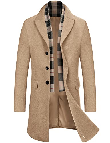 COOFANDY Men's Regular Fit Winter Wool Coat Long Trench Coat Button Closure Overcoat with Removable Scarf (Khaki S)