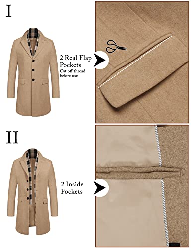 COOFANDY Men's Regular Fit Winter Wool Coat Long Trench Coat Button Closure Overcoat with Removable Scarf (Khaki S)