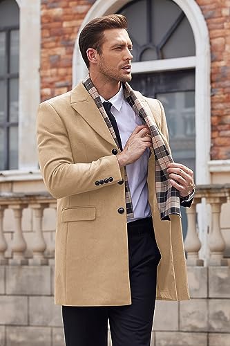 COOFANDY Men's Regular Fit Winter Wool Coat Long Trench Coat Button Closure Overcoat with Removable Scarf (Khaki S)
