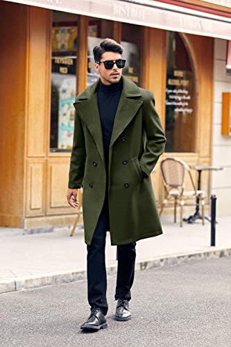 Makkrom Mens Double Breasted Trench Coat Casual Lapel Collar Business Winter Long Overcoats Army Green X-Large