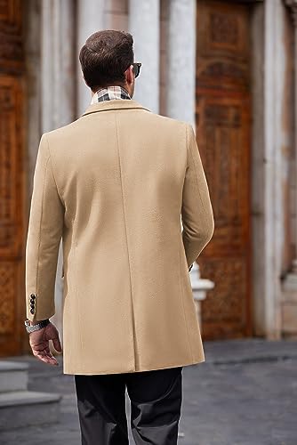 COOFANDY Men's Regular Fit Winter Wool Coat Long Trench Coat Button Closure Overcoat with Removable Scarf (Khaki S)
