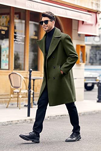 Makkrom Mens Double Breasted Trench Coat Casual Lapel Collar Business Winter Long Overcoats Army Green X-Large