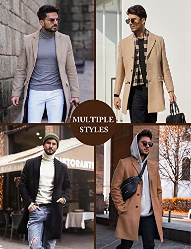 COOFANDY Men's Regular Fit Winter Wool Coat Long Trench Coat Button Closure Overcoat with Removable Scarf (Khaki S)