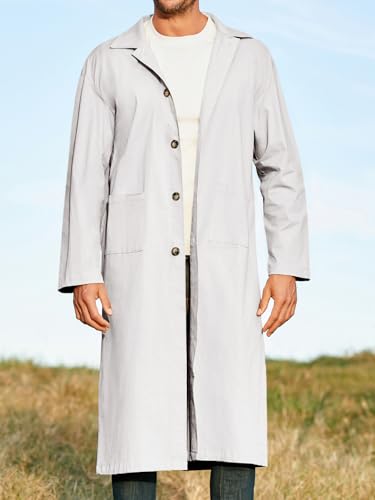 Runcati Mens Trench Coat Casual Single Breasted Long Jacket Lightweight Cotton Overcoat