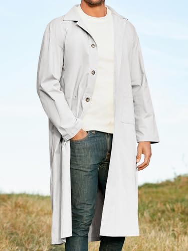 Runcati Mens Trench Coat Casual Single Breasted Long Jacket Lightweight Cotton Overcoat