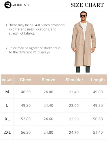 Runcati Mens Trench Coat Casual Single Breasted Long Jacket Lightweight Cotton Overcoat