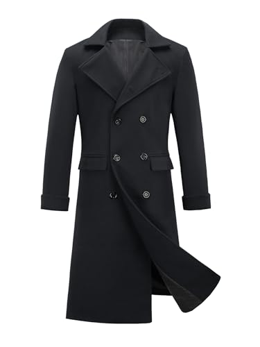 INVACHI Men's Long Trench Coat Double Breasted Cotton Blend Overcoat with Notch Lapel and Pockets Windproof Pea Coat