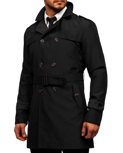 Makkrom Men's Trench Coat Slim fit Double Breasted Notched Lapel Belted Windbreaker Long Jacket Casual Windproof Overcoat