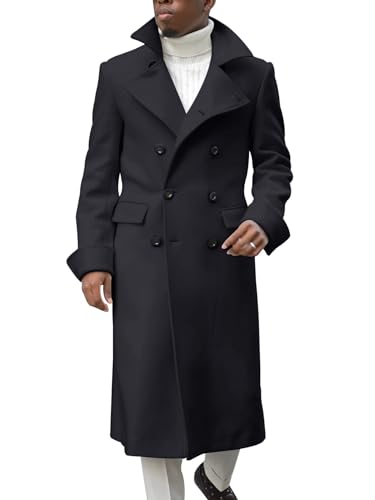 INVACHI Men's Long Trench Coat Double Breasted Cotton Blend Overcoat with Notch Lapel and Pockets Windproof Pea Coat