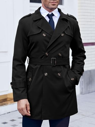 Makkrom Men's Trench Coat Slim fit Double Breasted Notched Lapel Belted Windbreaker Long Jacket Casual Windproof Overcoat