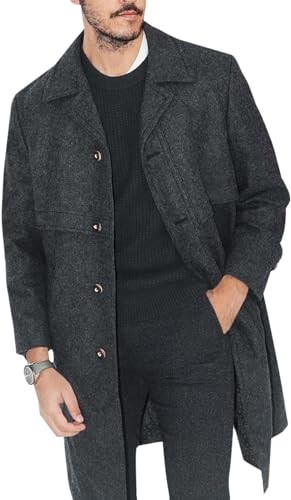 Ebifin Mens Trench Coat Wool Blend Notch Lapel Single Breasted Long Pea Coat Casual Business Overcoat