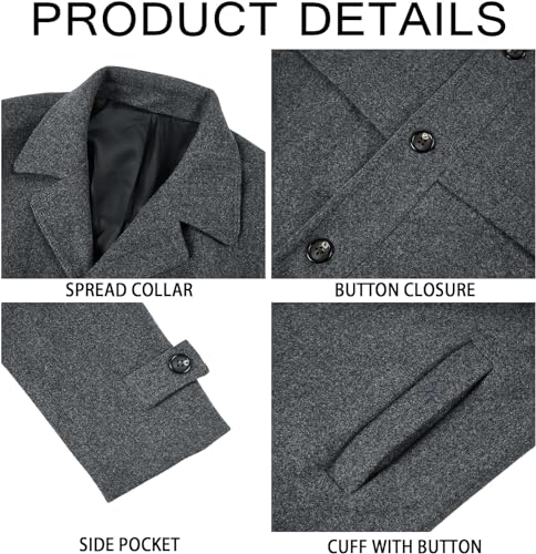Ebifin Mens Trench Coat Wool Blend Notch Lapel Single Breasted Long Pea Coat Casual Business Overcoat