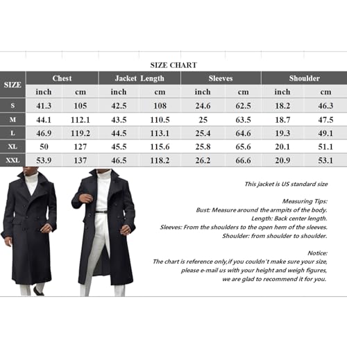INVACHI Men's Long Trench Coat Double Breasted Cotton Blend Overcoat with Notch Lapel and Pockets Windproof Pea Coat