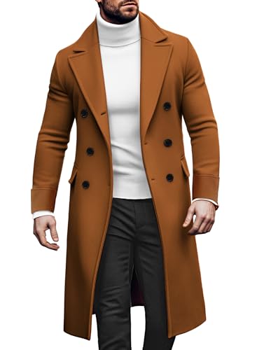 PJ PAUL JONES Business Double Breasted Overcoat for Men Long Sleeve Lined Coats Back Slit Notched Collar Long Coat