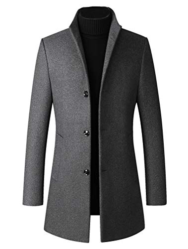 FTCayanz Men's Trench Coat Wool Blend Slim Fit Top Coat Single Breasted Business Overcoat Gray Large