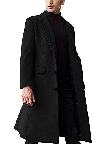 chouyatou Men's Fall Winter Office Single Breasted Long Dress Wool Coat Overcoat (Medium, Black)