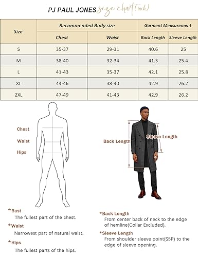 PJ PAUL JONES Business Double Breasted Overcoat for Men Long Sleeve Lined Coats Back Slit Notched Collar Long Coat