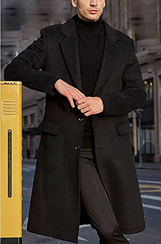chouyatou Men's Fall Winter Office Single Breasted Long Dress Wool Coat Overcoat (Medium, Black)