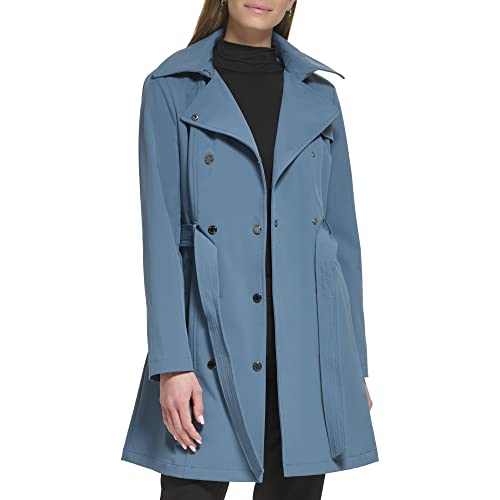Calvin Klein Women's Double Breasted Belted Rain Jacket With Removable Hood, Oasis Teal, Small
