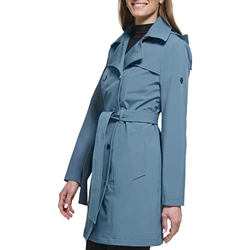 Calvin Klein Women's Double Breasted Belted Rain Jacket With Removable Hood, Oasis Teal, Small