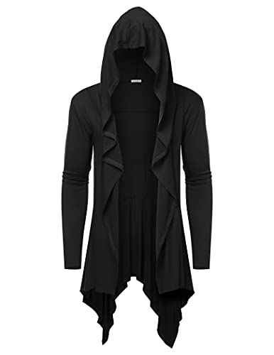 COOFANDY Men's Long Hooded Cardigan Ruffle Shawl Collar Open Front Lightweight Drape Cape Overcoat with Pockets