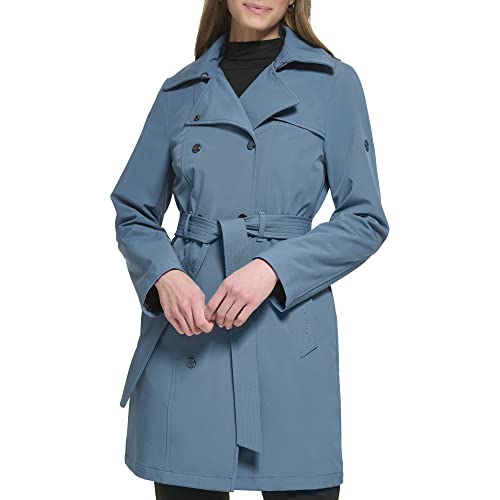 Calvin Klein Women's Double Breasted Belted Rain Jacket With Removable Hood, Oasis Teal, Small