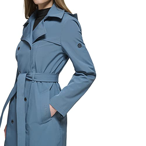 Calvin Klein Women's Double Breasted Belted Rain Jacket With Removable Hood, Oasis Teal, Small