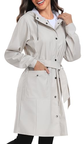 UNIQUEBELLA Women Long Trench Coat Single-Breasted Windproof Classic Overcoat Belted Slim Outerwear Coat with Belt & Hood(Beige)