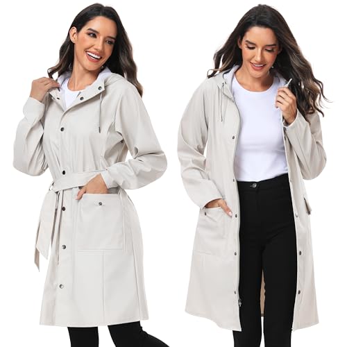 UNIQUEBELLA Women Long Trench Coat Single-Breasted Windproof Classic Overcoat Belted Slim Outerwear Coat with Belt & Hood（Beige）