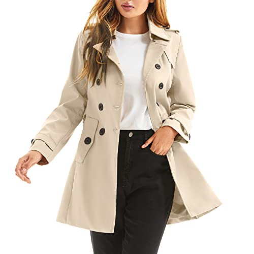 poonyfesh Women's Waterproof Trench Coat Double-Breasted Classic Lapel Petite Overcoat Belted Slim Outerwear Coat Small Khaki