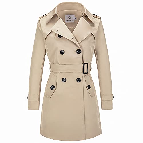 poonyfesh Women's Waterproof Trench Coat Double-Breasted Classic Lapel Petite Overcoat Belted Slim Outerwear Coat Small Khaki