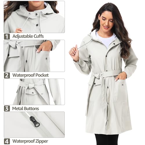 UNIQUEBELLA Women Long Trench Coat Single-Breasted Windproof Classic Overcoat Belted Slim Outerwear Coat with Belt & Hood（Beige）